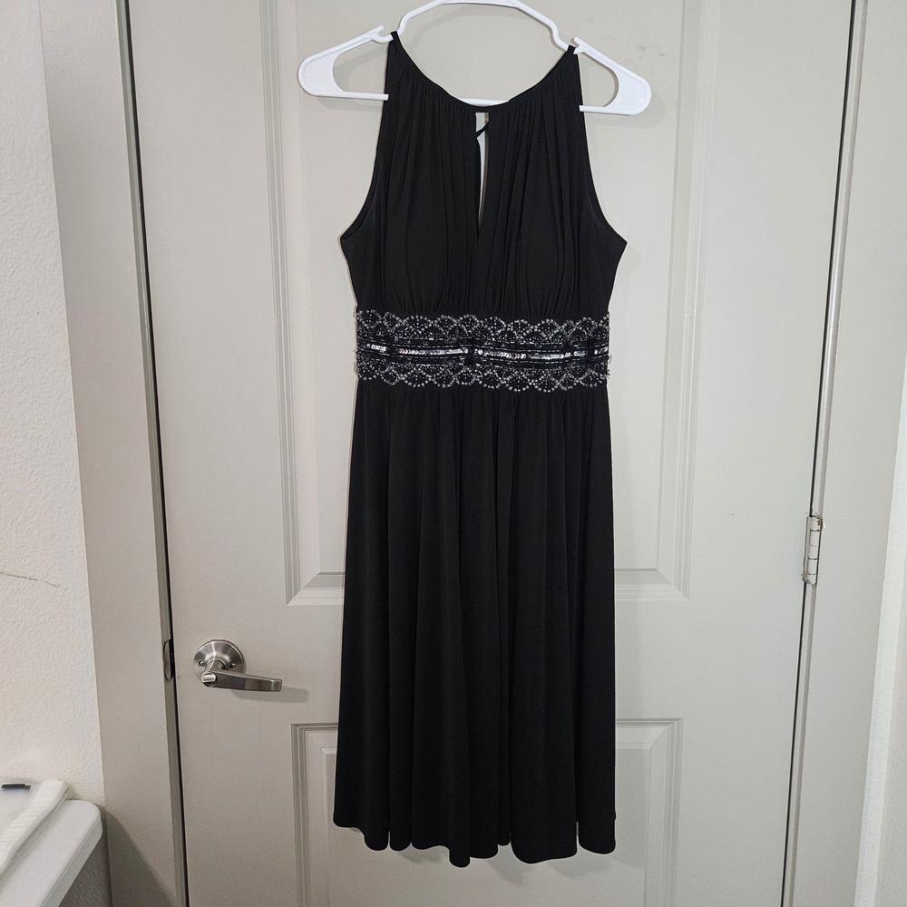 R&M Richards Black Beaded Sequin Empire Waist Halter Cocktail Dress 6